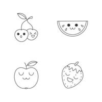 fruit schattige kawaii lineaire karakters. vrolijke bessen. lachen kers en aardbei. lachende watermeloen en appel. dunne lijn pictogramserie. vector geïsoleerde overzichtsillustratie. bewerkbare streek