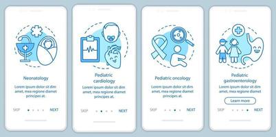 pediatrische diensten onboarding mobiele app paginascherm met concepten. neonatologie, oncologie, gastro-enterologie, cardiologie walkthrough stappen grafische instructies. ux, ui, gui vectorsjabloon met pictogrammen vector