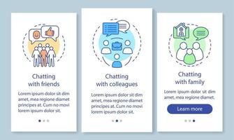 chatten met mensen aan boord van het paginascherm van de mobiele app met lineaire concepten. tijd online. vrienden, familie, collega's walkthrough stappen grafische instructies. ux, ui, gui vectorsjabloon met illustraties vector