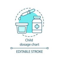 kind dosering grafiek concept pictogram. het doseren van medicijnen voor kinderen. druppelaar, doseerbeker. doktersrecept. kind behandeling idee dunne lijn illustratie. vector geïsoleerde overzichtstekening. bewerkbare streek