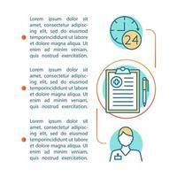 na uren kindergeneeskunde artikel pagina vector sjabloon. 24-uurs ondersteuning, verpleegkundige lijn. brochure, tijdschrift, boekje ontwerpelement met lineaire pictogrammen en tekstvak. print ontwerp. conceptpictogram met tekstruimte