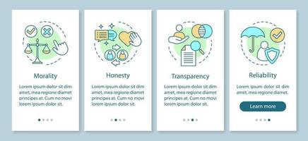 ethische principes onboarding mobiele app pagina scherm vector sjabloon. moraliteit, transparantie, betrouwbaarheid. walkthrough website stappen met lineaire illustraties. ux, ui, gui smartphone-interfaceconcept