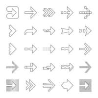 pijl typen lineaire pictogrammen instellen. golvend, gekerfd, dubbel gestreept, pijlpunten. gestippelde, gedraaide volgende pijlen. navigatie teken. dunne lijn contour symbolen. geïsoleerde vectoroverzichtsillustraties. bewerkbare streek vector