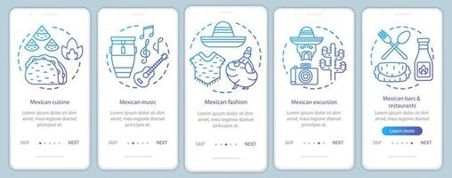 mexicaanse cultuur onboarding mobiele app pagina scherm vector sjabloon. mexico tradities, feestdagen. walkthrough website stappen met lineaire illustraties. ux, ui, gui smartphone-interfaceconcept