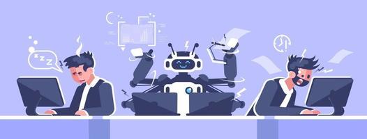 ai kantoormedewerker platte vectorillustratie. robot werknemer versus gestresst menselijke managers concept. robot werken met laptops stripfiguur. kunstmatige intelligentie op de werkplek. robotica revolutie