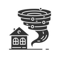 tornado glyph-pictogram. twister spiraalvormige trechter die huis nadert. cycloon en gebouw. extreme weersomstandigheden. orkaan. storm. tyfoon. silhouet symbool. negatieve ruimte. vector geïsoleerde illustratie