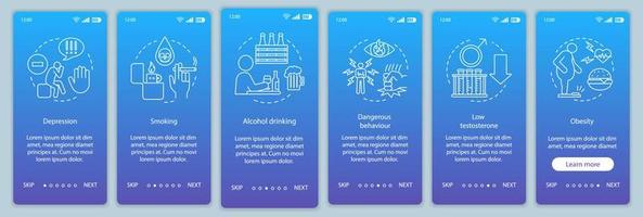 risicofactoren voor de gezondheid van mannen onboarding mobiele app-paginaschermvectorsjabloon. roken, overgewicht, alcohol. walkthrough website stappen met lineaire illustraties. ux, ui, gui smartphone-interfaceconcept vector