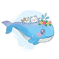 schattige walvis en katten cartoon met water kleur. vector