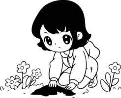 illustratie van een schattig meisje graven de grond met bloem vector
