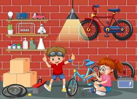 kinderen die samen een fiets repareren in de kamerscène vector
