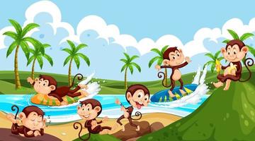 strandtafereel met apen die verschillende activiteiten doen vector