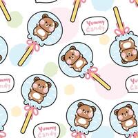 naadloos patroon van schattig teddy beer snoep en tekst Aan pastel cirkel vorm achtergrond.wild dier karakter tekenfilm ontwerp.zoet.dessert.kawaii.illustratie. vector