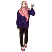 moslim hijab meisje maken vrede hand- illustratie. illustratie van sjaals Dames met hand- maken vrede teken. vector