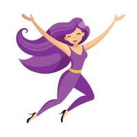 vrouw met Purper haar- dansen en vieren, vlak illustratie. vector