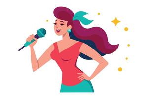 levendig vrouw genieten van karaoke nacht, vlak illustratie vector