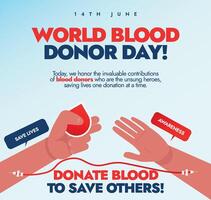 wereld bloed schenker dag. 14e juni wereld bloed schenker dag viering banier, sociaal media post met bloed transfuseren van een hand- naar een ander hand. besparing leeft door doneren bloed. vector
