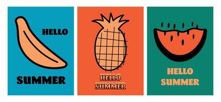 Hallo zomer poster reeks met fruit in retro stijl. modern illustratie vector