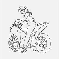 sexy vrouw met helm zittend Aan sport motor. doorlopend single lijn tekening. bewerkbare hartinfarct. grafisch illustratie. vector