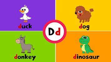 brief d d geheugenkaart voor kinderen met 4 woorden eend hond ezel dinosaurus vector