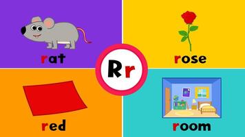 brief r r geheugenkaart voor kinderen met 4 woorden Rat roos rood kamer vector