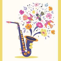 voorjaar illustratie met een saxofoon met een vogels, bloemen, notities. blauw, geel, roze kleuren. vector