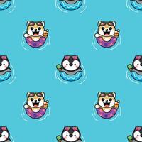 schattig shiba hond en pinguïn is zwemmen met rubber ring naadloos patroon vector