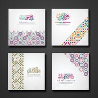 reeks eid adha mubarak groet ontwerp met sier- kleurrijk detail van bloemen mozaïek- Islamitisch kunst ornament vector