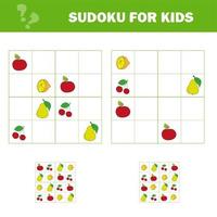 sudoku-spel voor kinderen met foto's. activiteitenblad voor kinderen. tekenfilmvruchten. vector