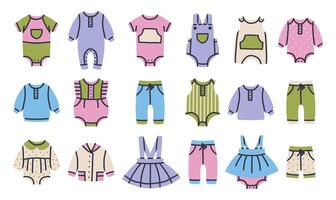 kinderen kleding. baby meisje en jongen mode kleren, kinderen gewoontjes kleding, bodysuit, broek en jurken vlak illustratie set. kinderachtig kleren vector