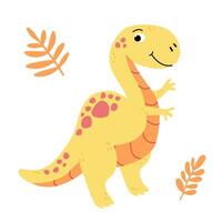 charmant illustratie van een schattig geel dinosaurus in een vlak stijl. vriendelijk en speels ontwerp is ideaal voor kinderen boeken, t-shirt, kinderkamer decor, groet kaarten, partij uitnodigingen vector