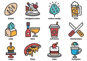 de beeld is een verzameling van voedsel en drinken pictogrammen, inclusief pizza, taart, wijn vector