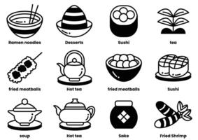 een reeks van voedsel pictogrammen inclusief ramen noedels, nagerecht, sushi, thee vector
