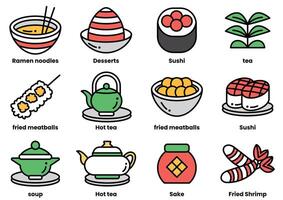 een reeks van voedsel pictogrammen inclusief ramen noedels, nagerecht, sushi, thee vector
