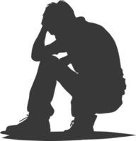 silhouet verdrietig Mens zittend alleen depressief zittend zwart kleur enkel en alleen vector