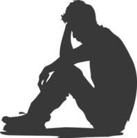 silhouet verdrietig Mens zittend alleen depressief zittend zwart kleur enkel en alleen vector