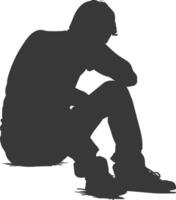 silhouet verdrietig Mens zittend alleen depressief zittend zwart kleur enkel en alleen vector