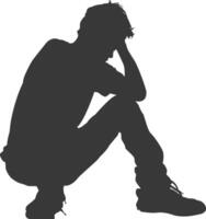 silhouet verdrietig Mens zittend alleen depressief zittend zwart kleur enkel en alleen vector