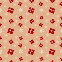 kerstherhalingspatroon gemaakt met rode geschenkdoos gebonden met lichtgekleurd lint en sneeuwvlokken, handgetekend vectorherhalingspatroon voor textiel, cadeaupapier, stof, webachtergrond en verpakking. vector
