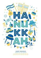 Joodse vakantie Chanoeka wenskaart en uitnodiging traditionele Chanoeka symbolen - dreidels tol, donuts, menora kaarsen, olie pot, ster David illustratie. vector