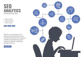 seo en analytics icoon set. zoeken motor optimalisatie icoon verzameling. met bedrijf en marketing, verkeer, rangschikking, optimalisatie, koppeling en trefwoord. solide pictogrammen verzameling. vector