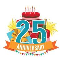 sjabloon 25 jaar verjaardag gefeliciteerd, wenskaart met cake, geschenkdoos, vuurwerk en lint uitnodiging vectorillustratie vector