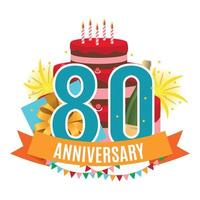 sjabloon 80 jaar jubileum gefeliciteerd, wenskaart met cake, geschenkdoos, vuurwerk en lintuitnodiging vectorillustratie vector