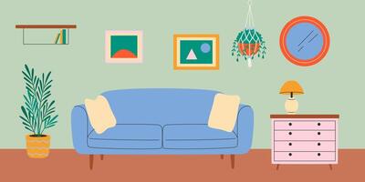 leven kamer interieur ontwerp met meubilair en groen planten. illustratie. vector