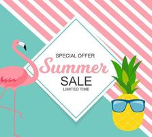 zomer verkoop concept met kleurrijke cartoon roze flamingo achtergrond. vector illustratie