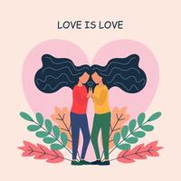 lesbienne paar. aanbiddelijk jong Dames flirten met elk ander. homoseksueel romantisch partners Aan datum. concept van liefde, passie en homoseksualiteit. modern vlak kleurrijk illustratie. vector