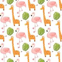 flamingo en giraffe schattig naadloos patroon, dier zomer behang achtergrond, vector