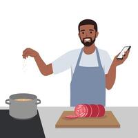 glimlachen Mens Koken soep Bij huis keuken volgen recept Aan smartphone. vector