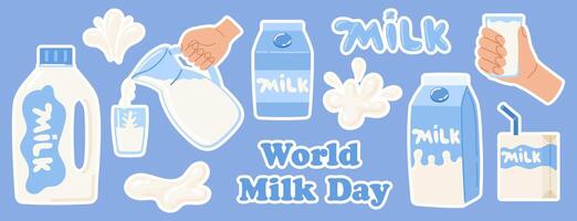 wereld melk dag sticker pak. 1 juni. melk reeks in verschillend pakketjes. zuivel druppels en plons. nationaal zuivel maand. illustratie in vlak hand- getrokken stijl vector