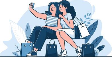 een schoon en modern vlak ontwerp illustratie van twee meisjes zittend met sommige boodschappen doen Tassen en nemen selfie. vector