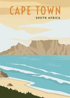 wijnoogst retro tafel berg Aan kaap stad- strand poster ontwerp illustratie, zeegezicht strand poster in zuiden Afrika. vector